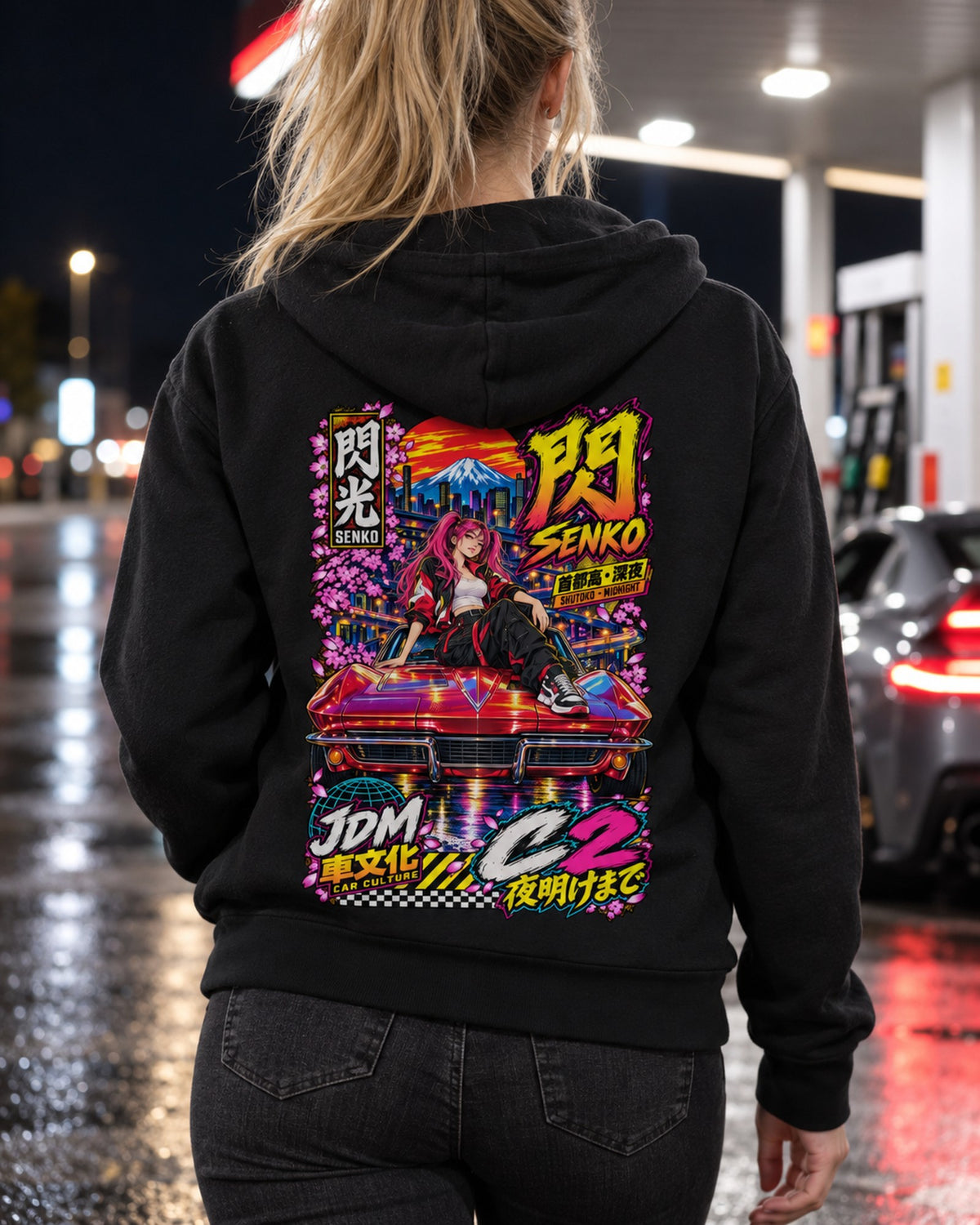 SENKO C2 Anime Girl Full-Back Graphic Tee Zip Hoodie Black worn hero