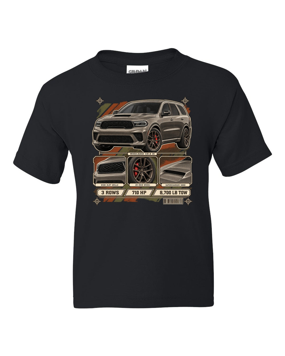 print of a 2021 Dodge Durango SRT Hellcat with spec dossier panels black kids tee front view with the design
