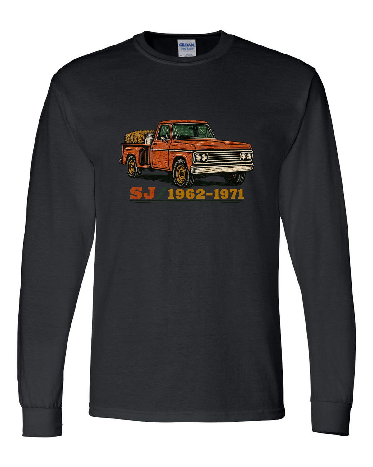 Woodcut style print of a Jeep Gladiator SJ pickup with SJ 1962-1971 lettering black long sleeve front view with the design