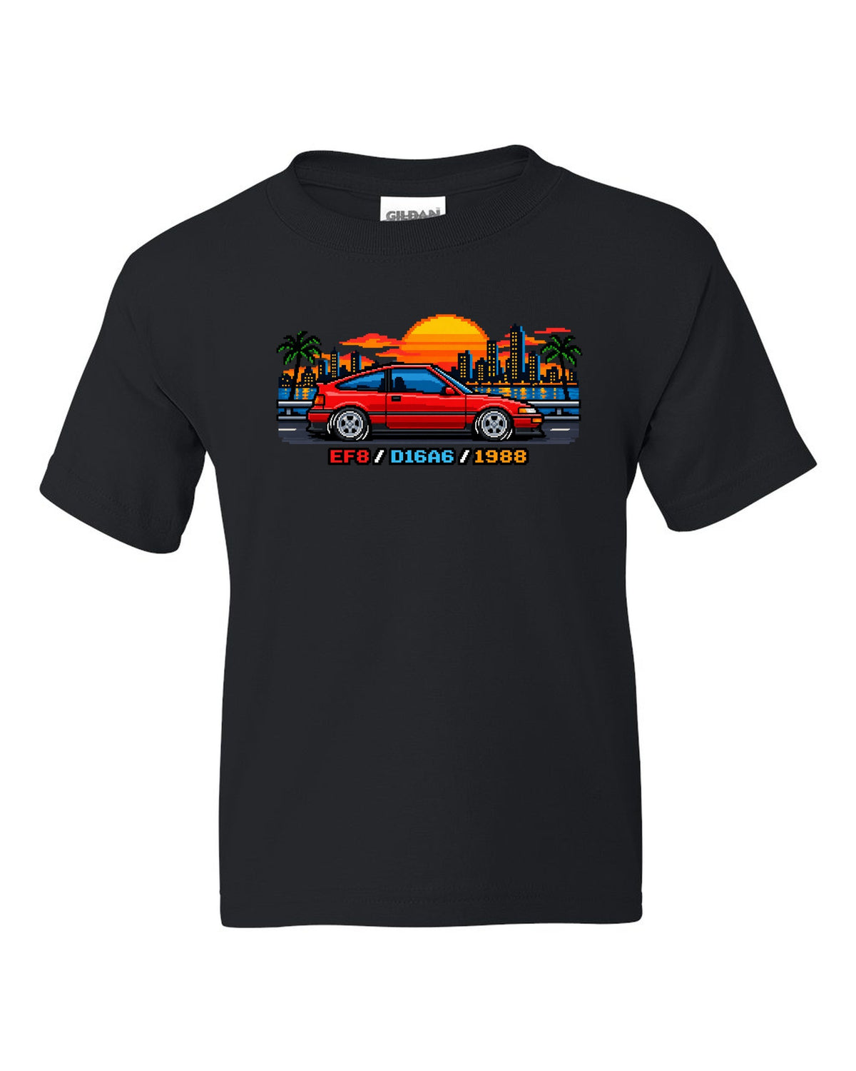 16-bit pixel art Honda CRX EF8 print with D16A6 and 1988 text black kids tee front view with the design