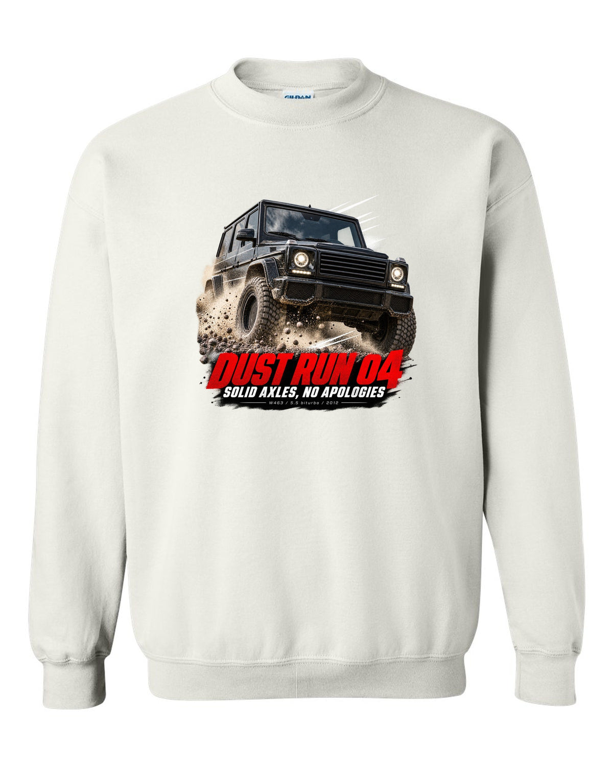 Race poster print of a Mercedes G63 AMG W463 with Dust Run 04 Solid Axles lettering white crewneck front view with the design