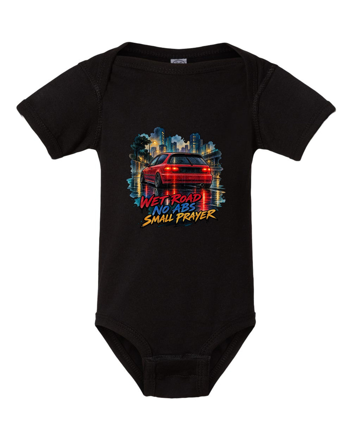 Watercolour wet road print of a Honda Civic EG6 ch with red taillights and no ABS text black baby onesie front view with the design