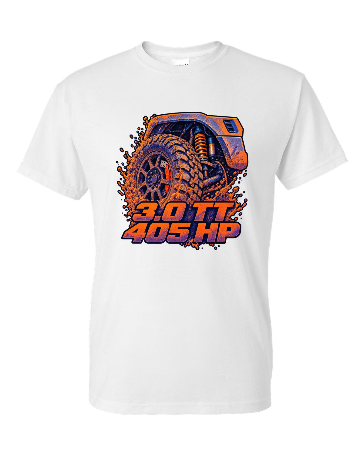 Ford Ranger Raptor P703 wheel and brake in a risograph style print white t-shirt front view with the design