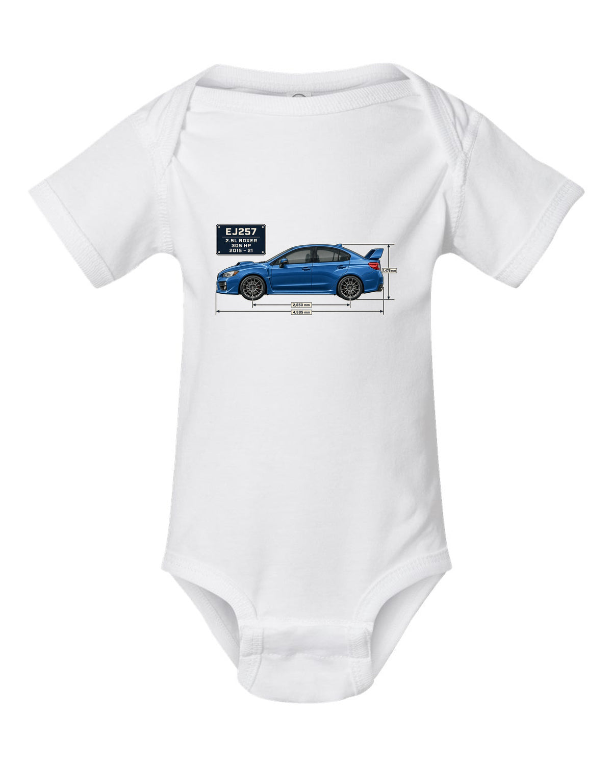 Subaru WRX STI VA sedan blueprint profile in blue-grey white baby onesie front view with the design