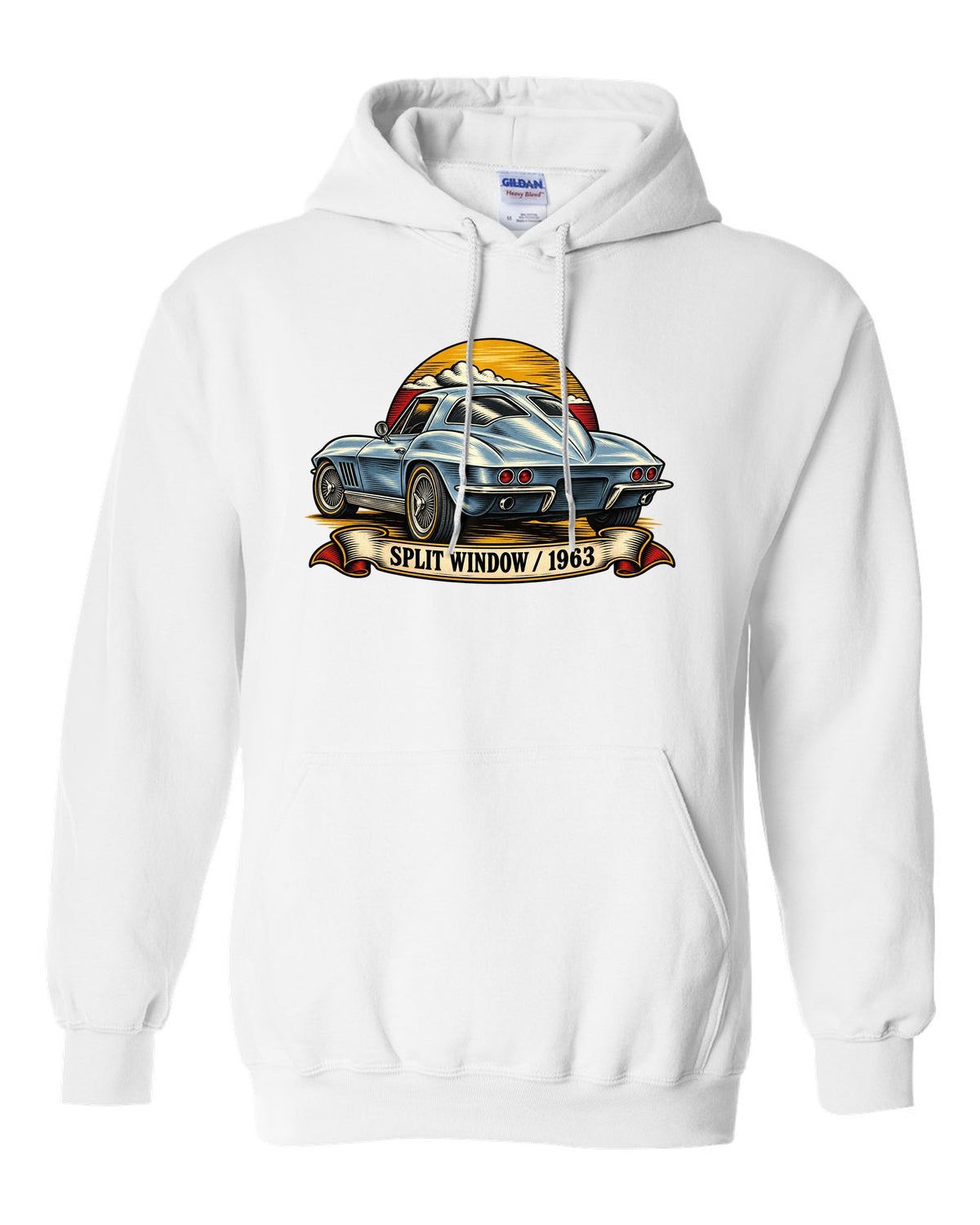 Woodcut linocut rear view print of the 1963 Corvette C2 Sting Ray split-window coupe white pull over hoodie front view with the design
