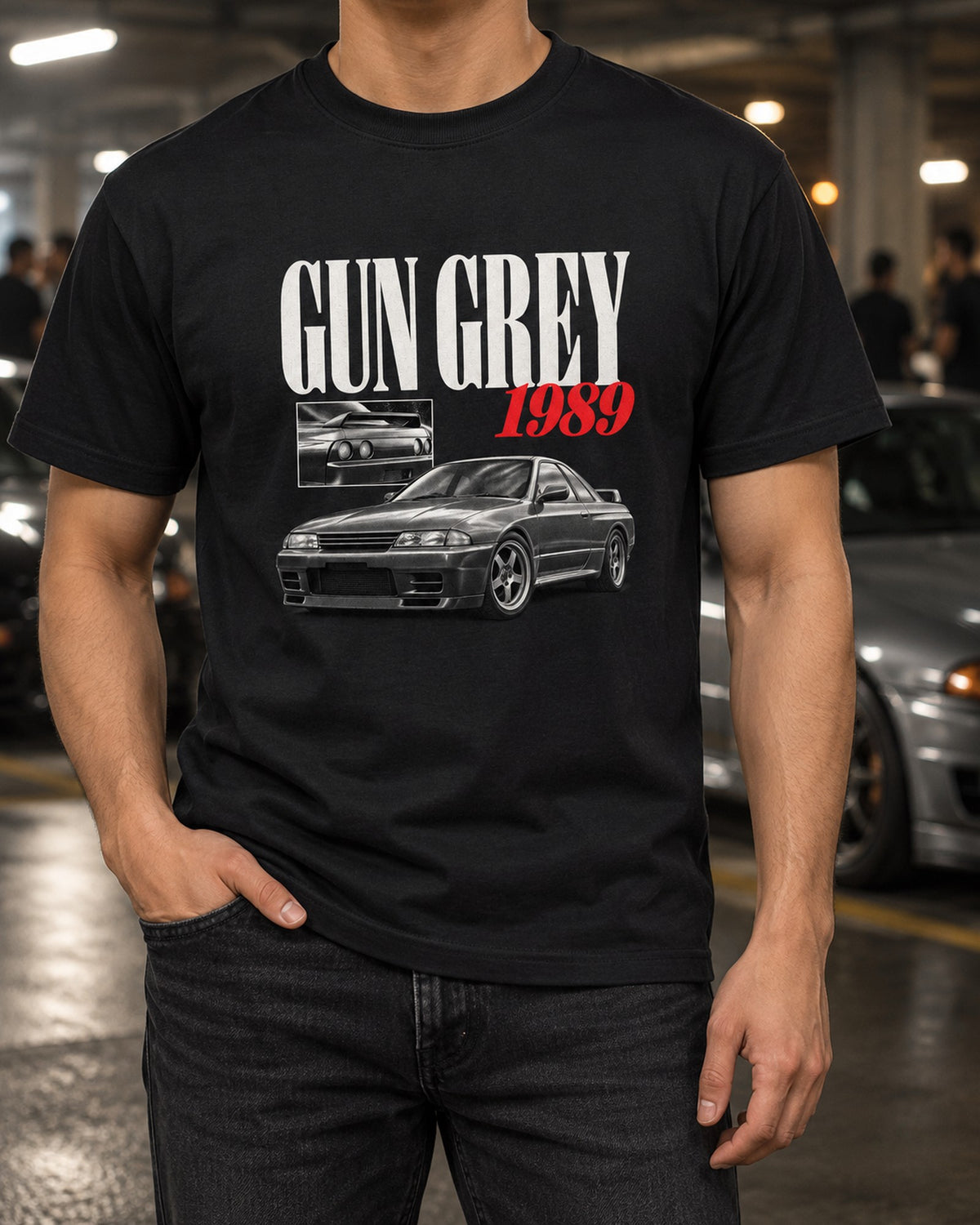 Nissan Skyline GT-R R32 BNR32 Gun Grey 1989 Editorial Tee T-Shirt Black worn hero