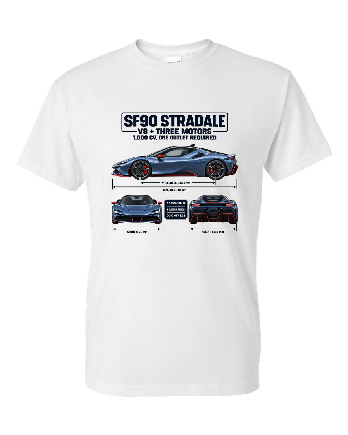 Ferrari SF90 Stradale three-view spec sheet print with V8 plus three motors, 1,000 CV white t-shirt front view with the design