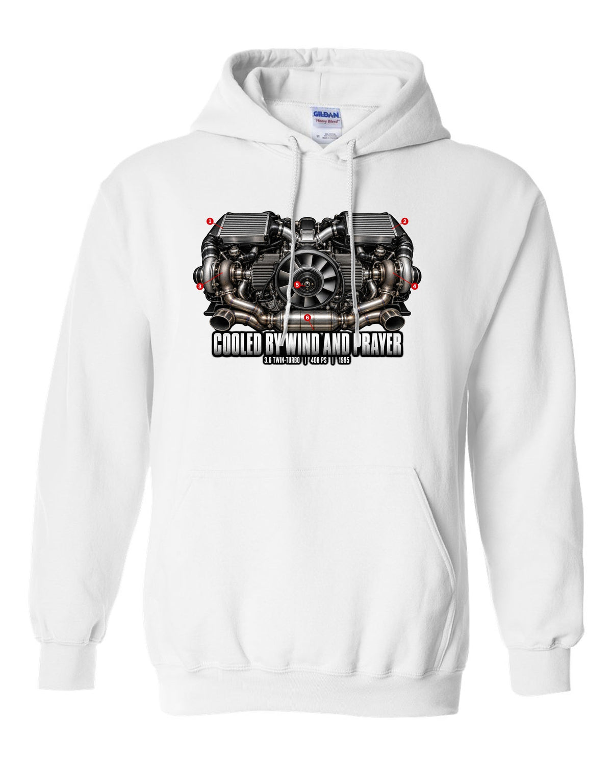 Engine hero print of the Porsche 911 Turbo (993) air-cooled twin-turbo flat-six with the line Cooled By Wind And Prayer white pull over hoodie front view with the design