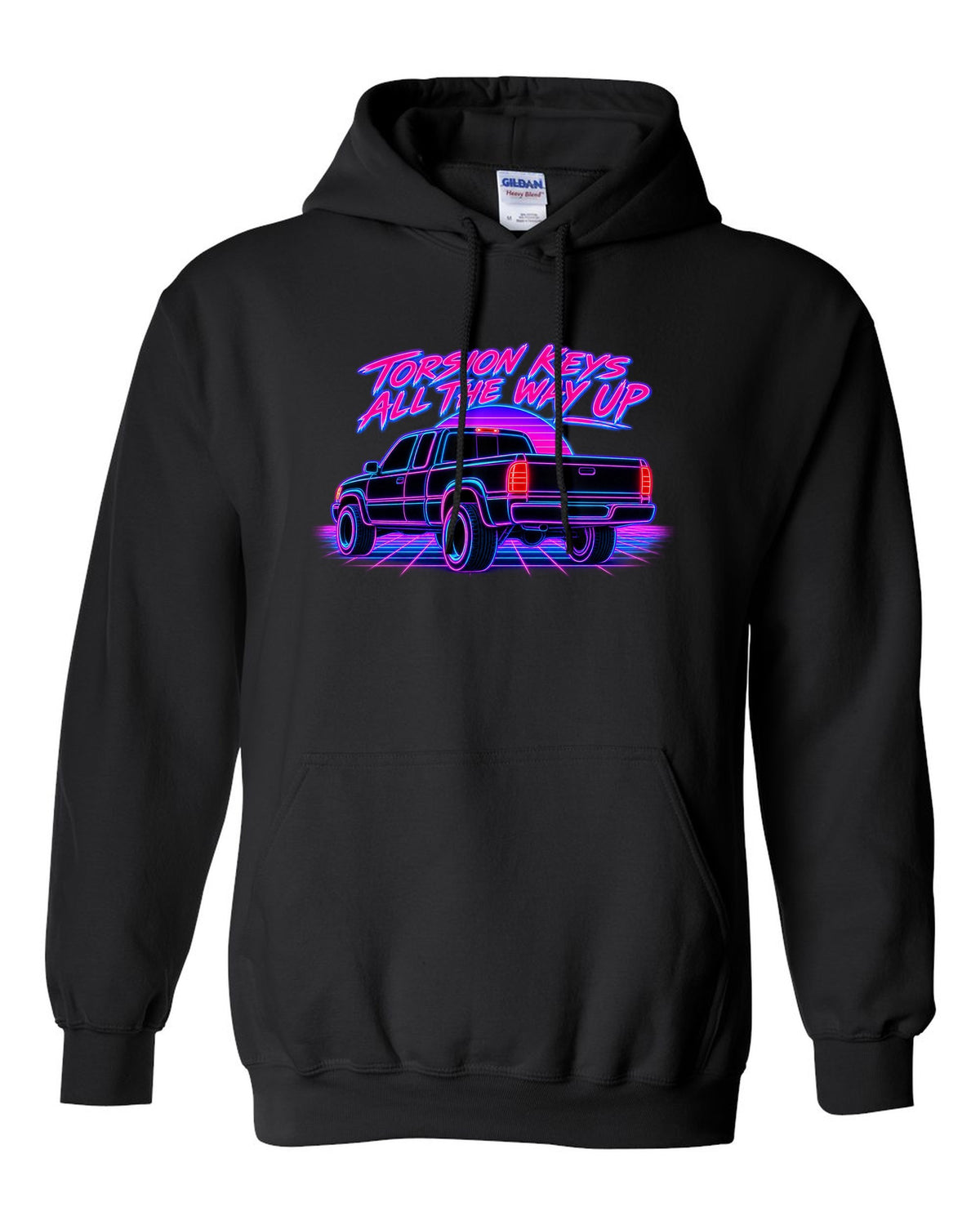 Neon synthwave line print of a 1988-98 Chevrolet GMT400 C1500 OBS extended cab taillight black pull over hoodie front view with the design