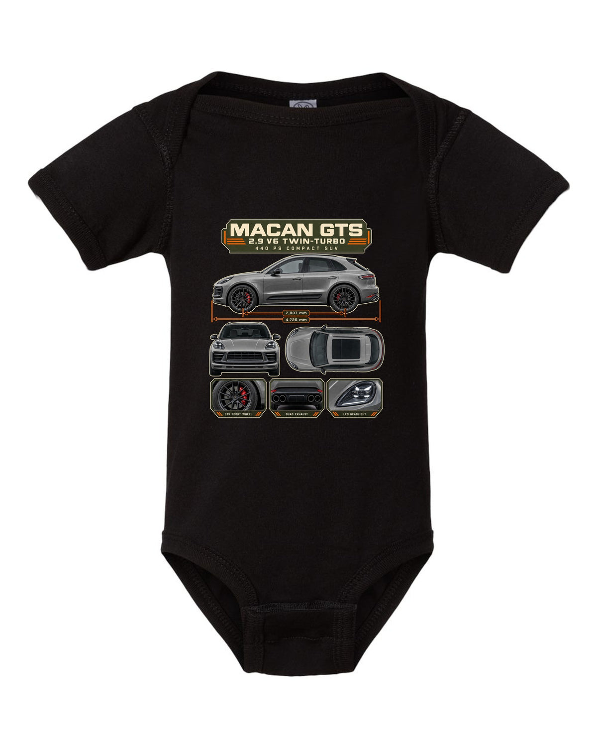 Porsche Macan GTS 95B Dossier Tee, 2.9 V6 Twin-Turbo black baby onesie front view with the design