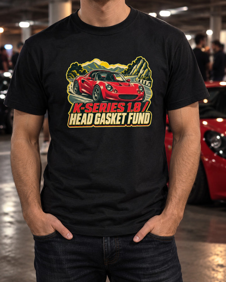 Lotus Elise S1 1996 Risograph Shirt, K-Series Head Gasket Joke T-Shirt Black worn hero