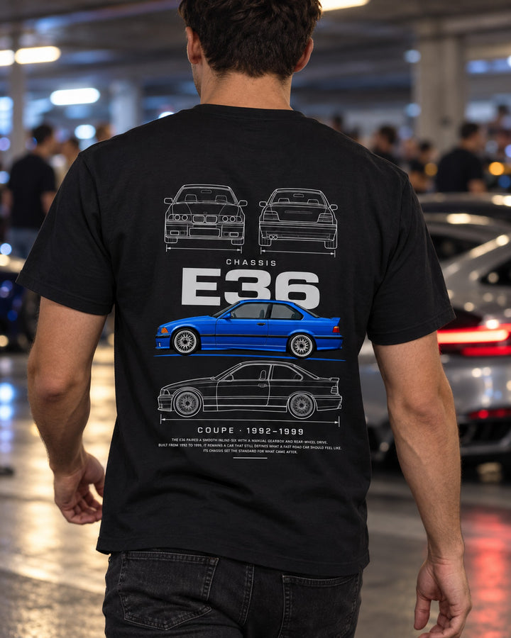 BMW E36 M3 coupe Blueprint Full-Back Graphic Tee, E36 Chassis Code T-Shirt Black worn hero