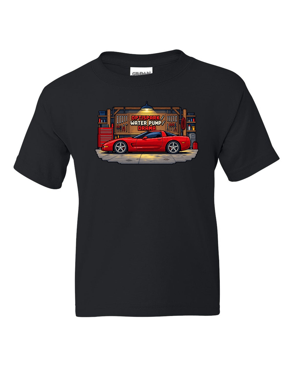 Pixel art print of a 1997 Chevrolet Corvette C5 coupe with Optispark Water Pump Drama text black kids tee front view with the design