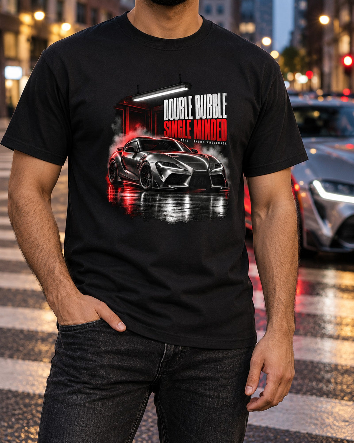 Double Bubble, Single Minded Tee for the Toyota GR Supra A90 T-Shirt Black worn hero