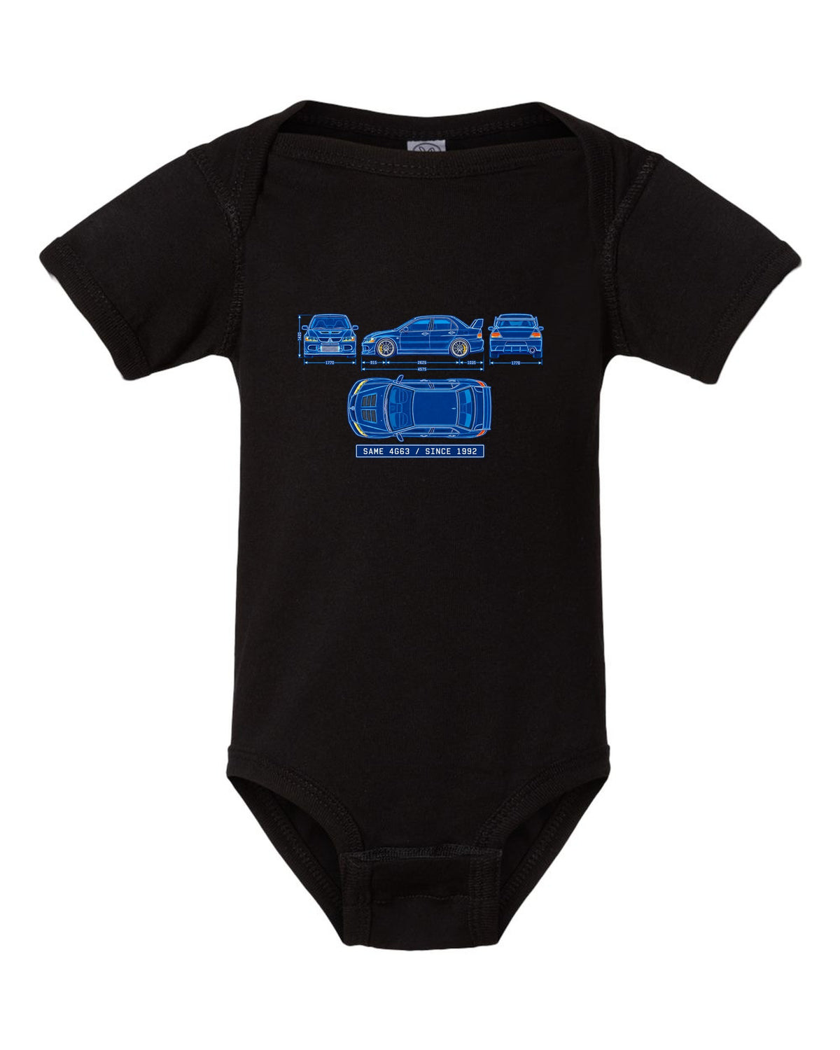 Embroidered patch style print of a boost gauge for the Mitsubishi Evo IX CT9A with boost gauge doesn't lie text black baby onesie front view with the design