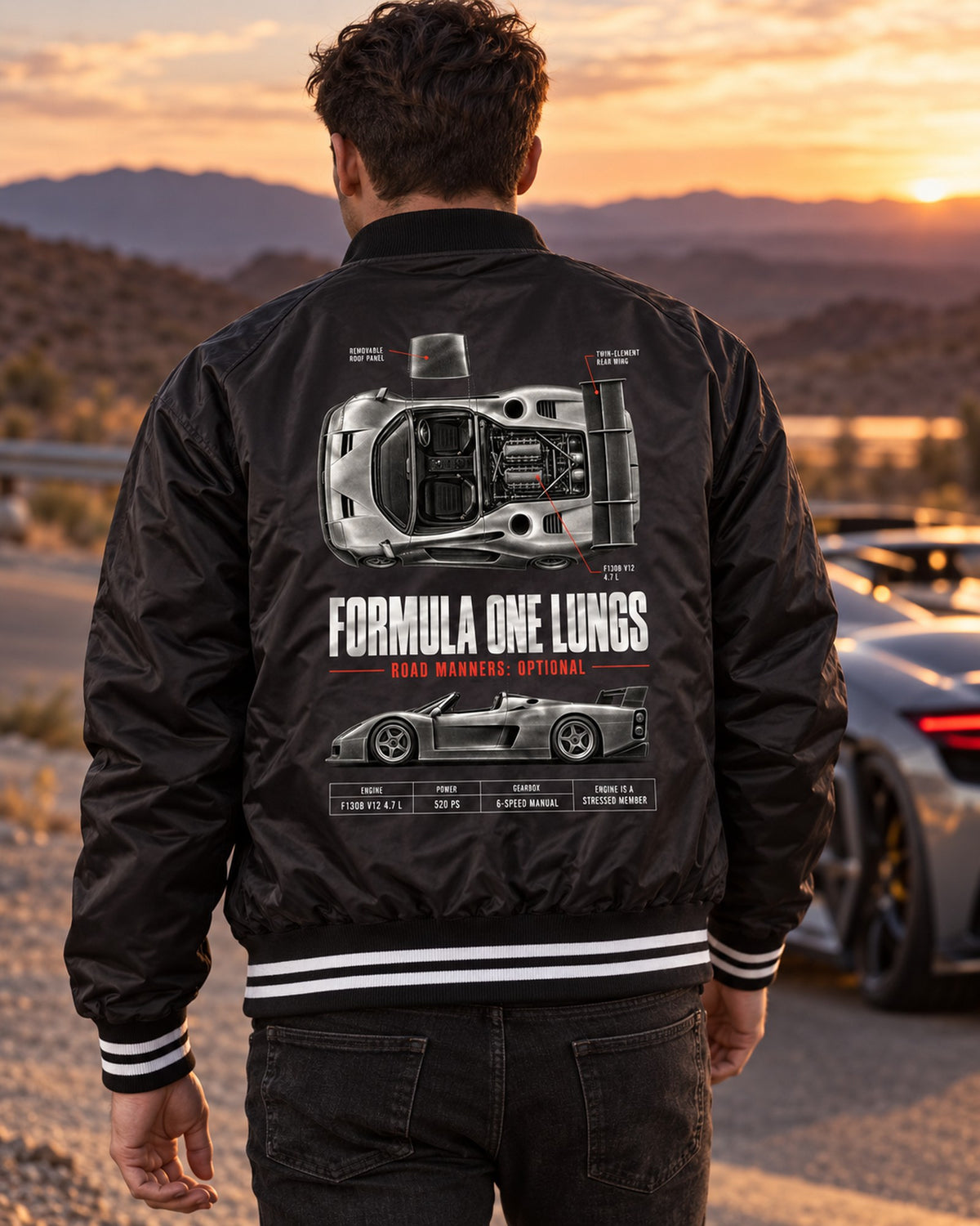 Ferrari F50 F130B V12 Spec Poster Shirt, Formula One Lungs Bomber Jacket Black worn hero
