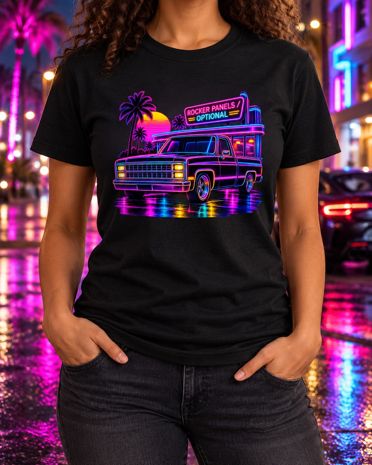 Chevrolet C10 Squarebody Diner Neon Shirt, Rocker Panels Joke T-Shirt Black worn hero