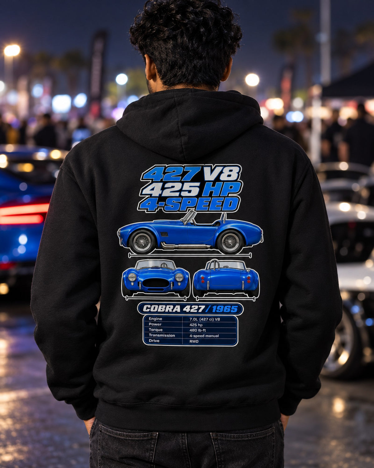 Shelby Cobra 427 Spec Sheet Full-Back Graphic Tee Pull Over Hoodie Black worn hero