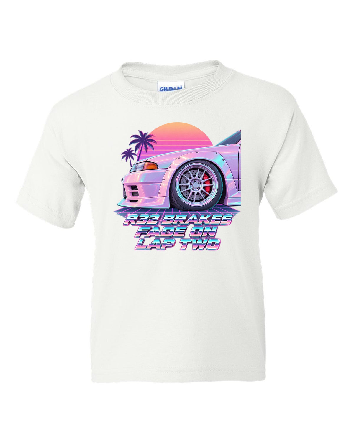 Vaporwave pastel print of a brake wheel with Nissan Skyline GT-R BNR32 brake fade lettering white kids tee front view with the design