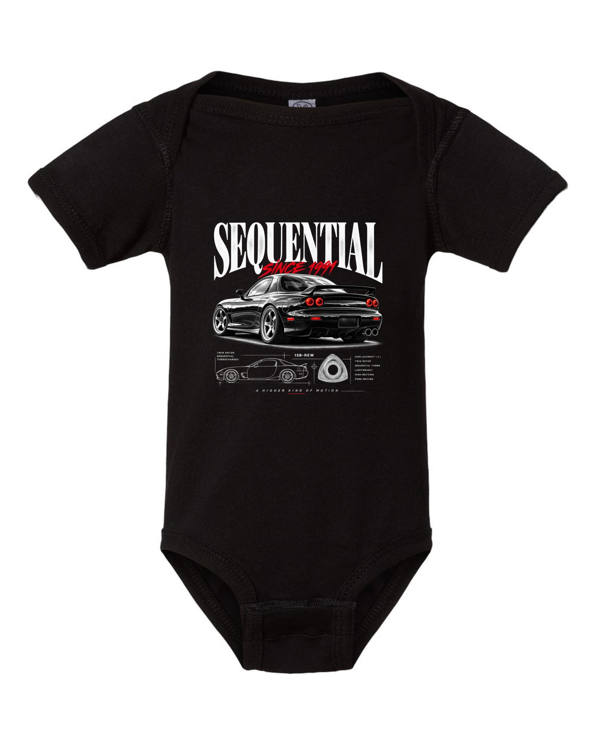 Editorial print of a Mazda RX-7 FD3S rear three-quarter with sequential headline black baby onesie front view with the design