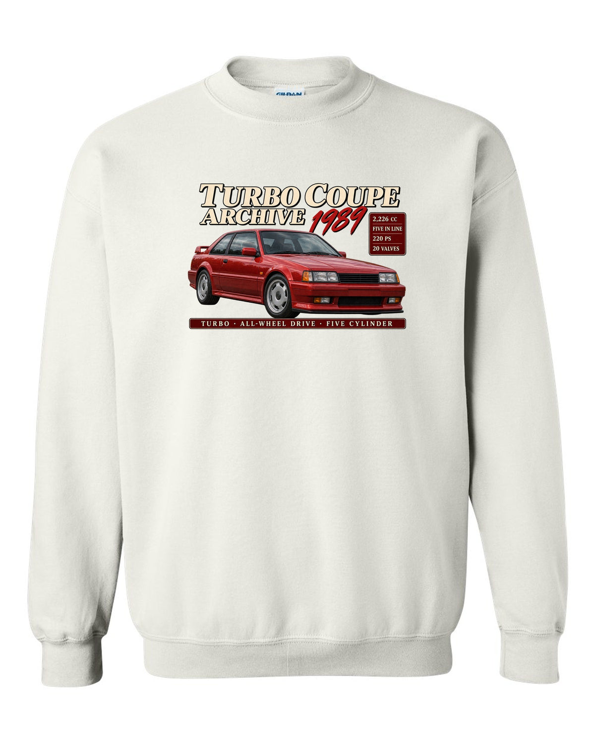 Audi Ur-Quattro 20V 1989 front three-quarter in archive panel with 2,226 cc text white crewneck front view with the design