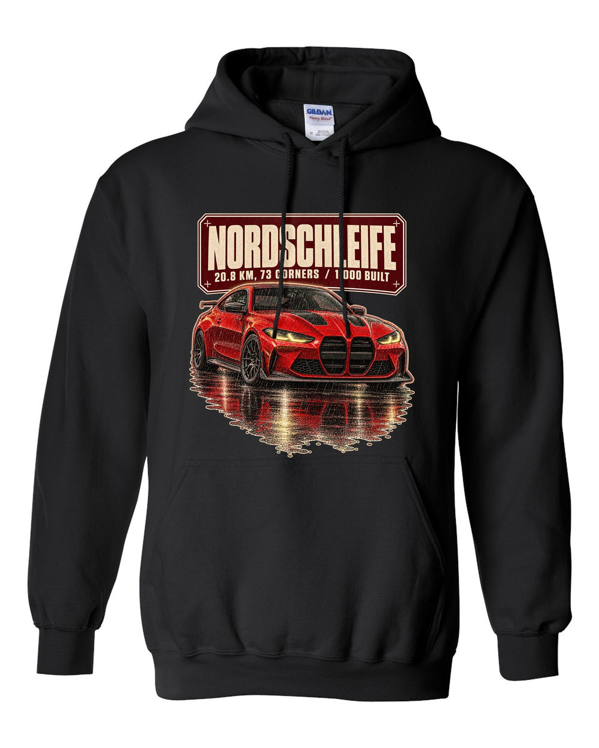 BMW M4 CSL G82 Nordschleife night scene print black pull over hoodie front view with the design