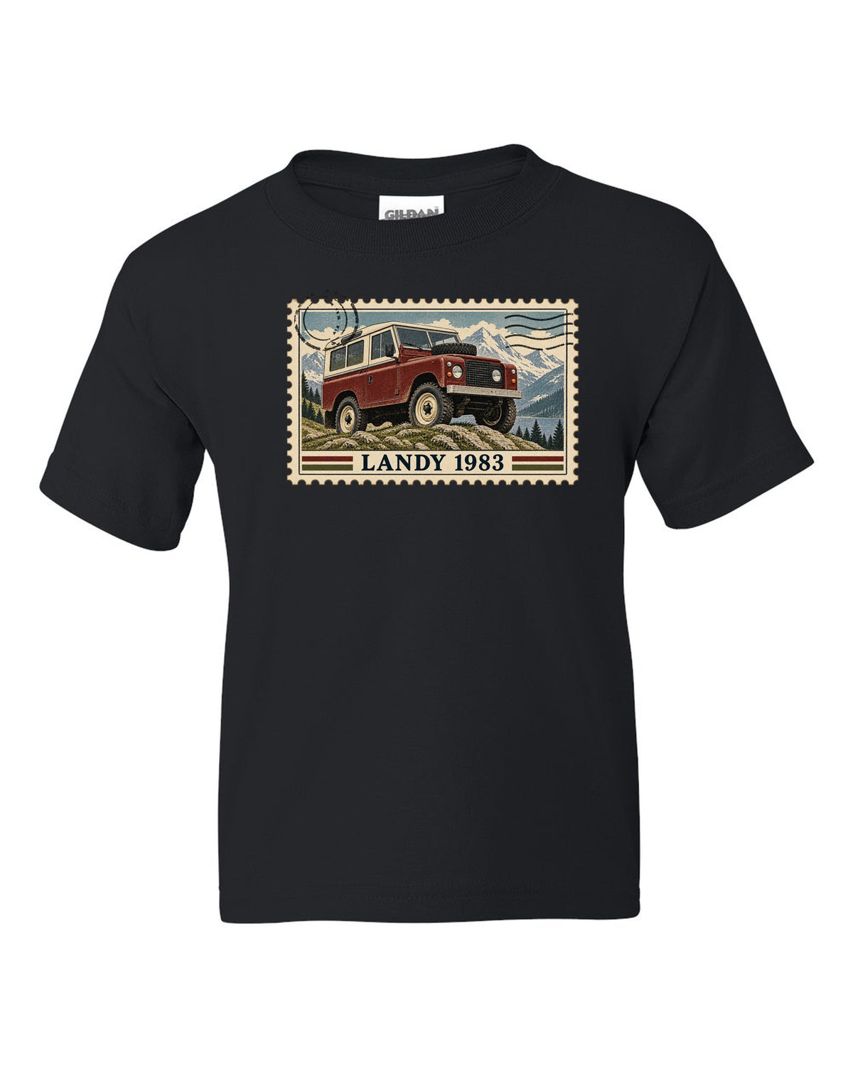 Vintage postage stamp print with perforated edge showing a Land Rover Defender 110, Landy 1983 black kids tee front view with the design