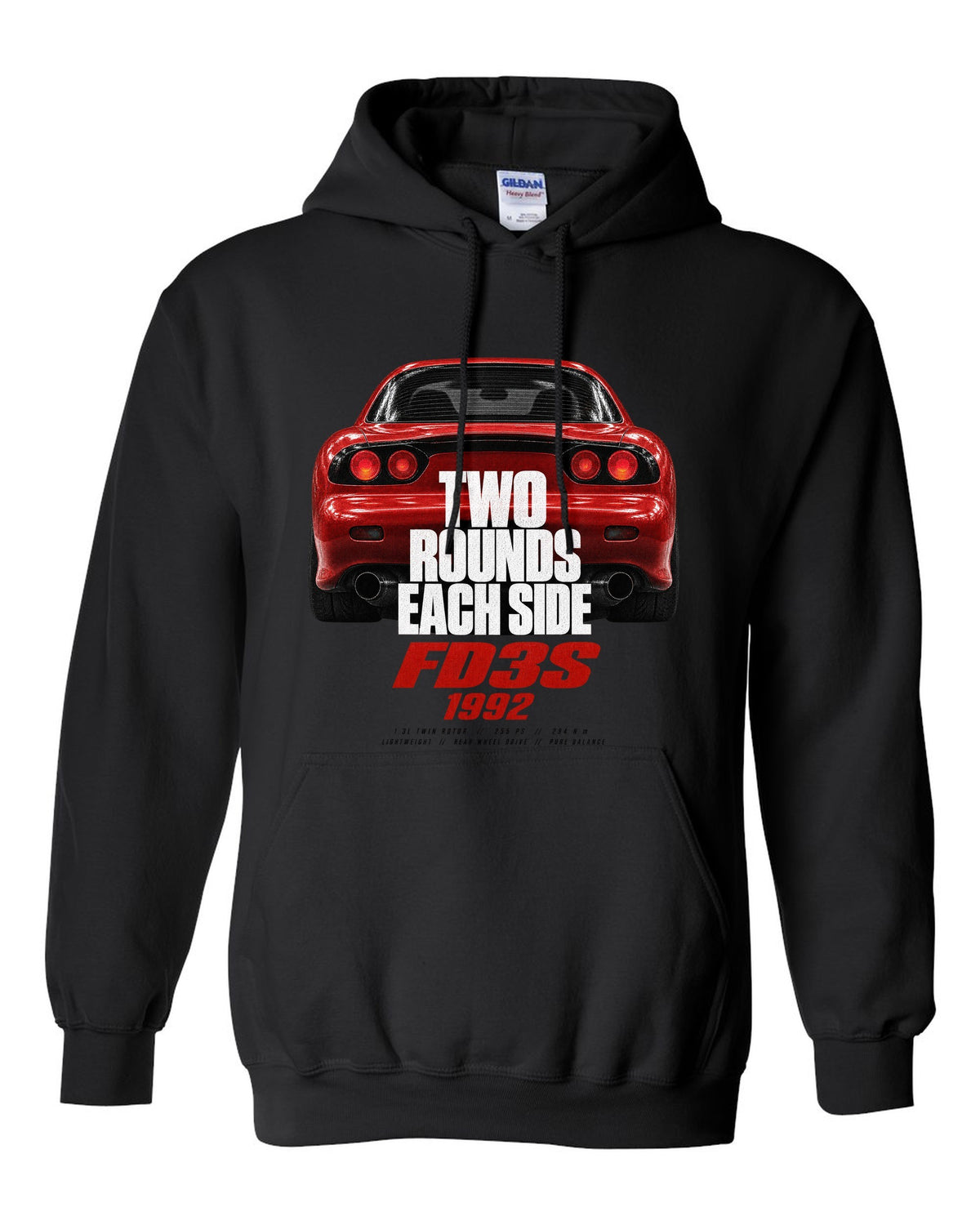 Taillight macro print of a Mazda RX-7 FD3S with round lamps black pull over hoodie front view with the design