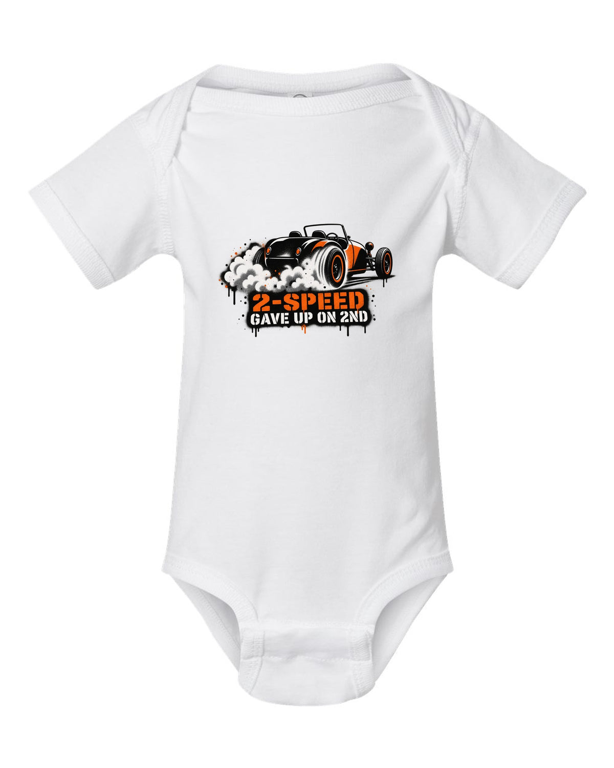 Spray stencil street art print of a Tesla Roadster Gen 1 reading 2-Speed Gave Up on 2nd white baby onesie front view with the design