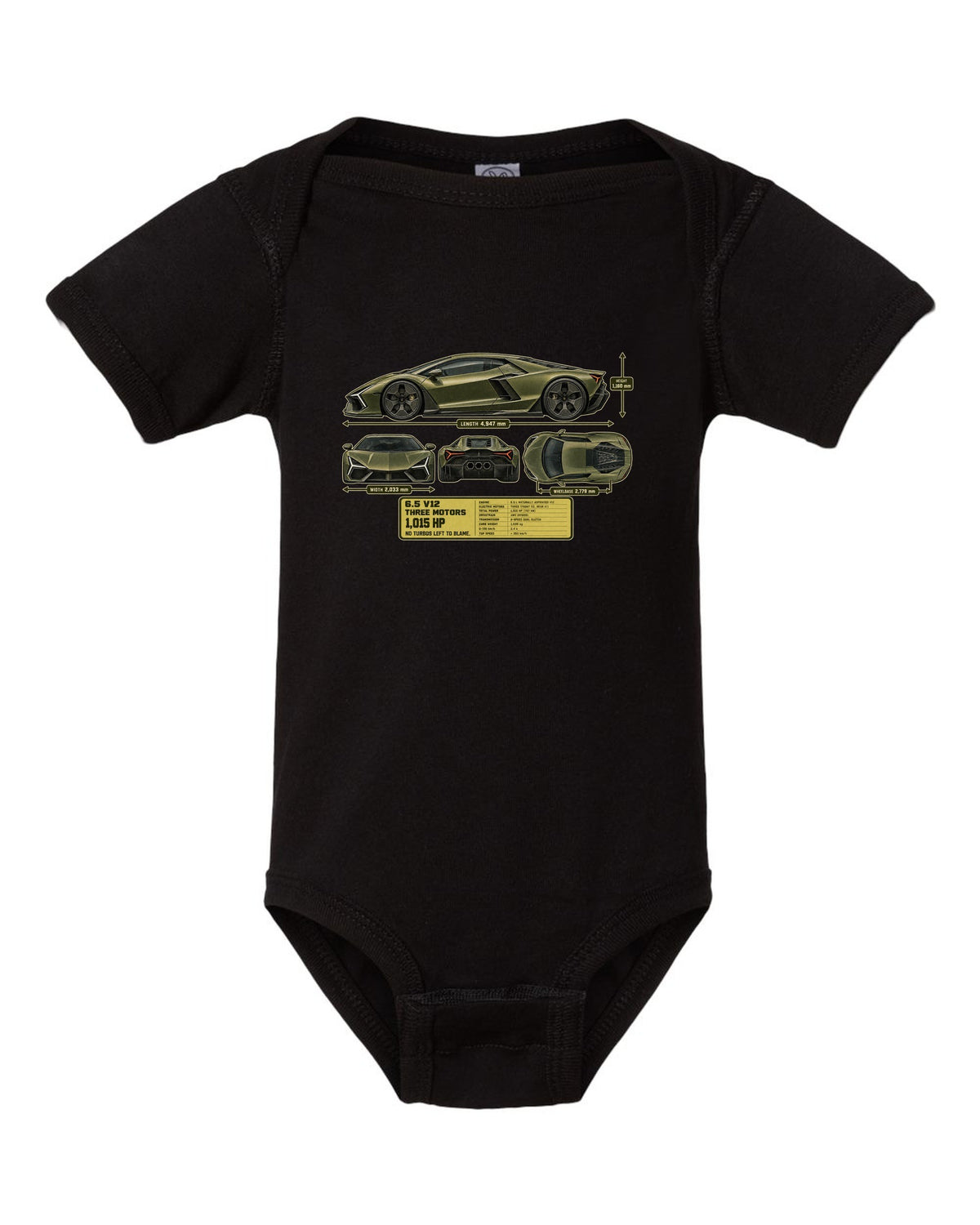 print dimension blueprint of a Lamborghini Revuelto in olive-grey black baby onesie front view with the design