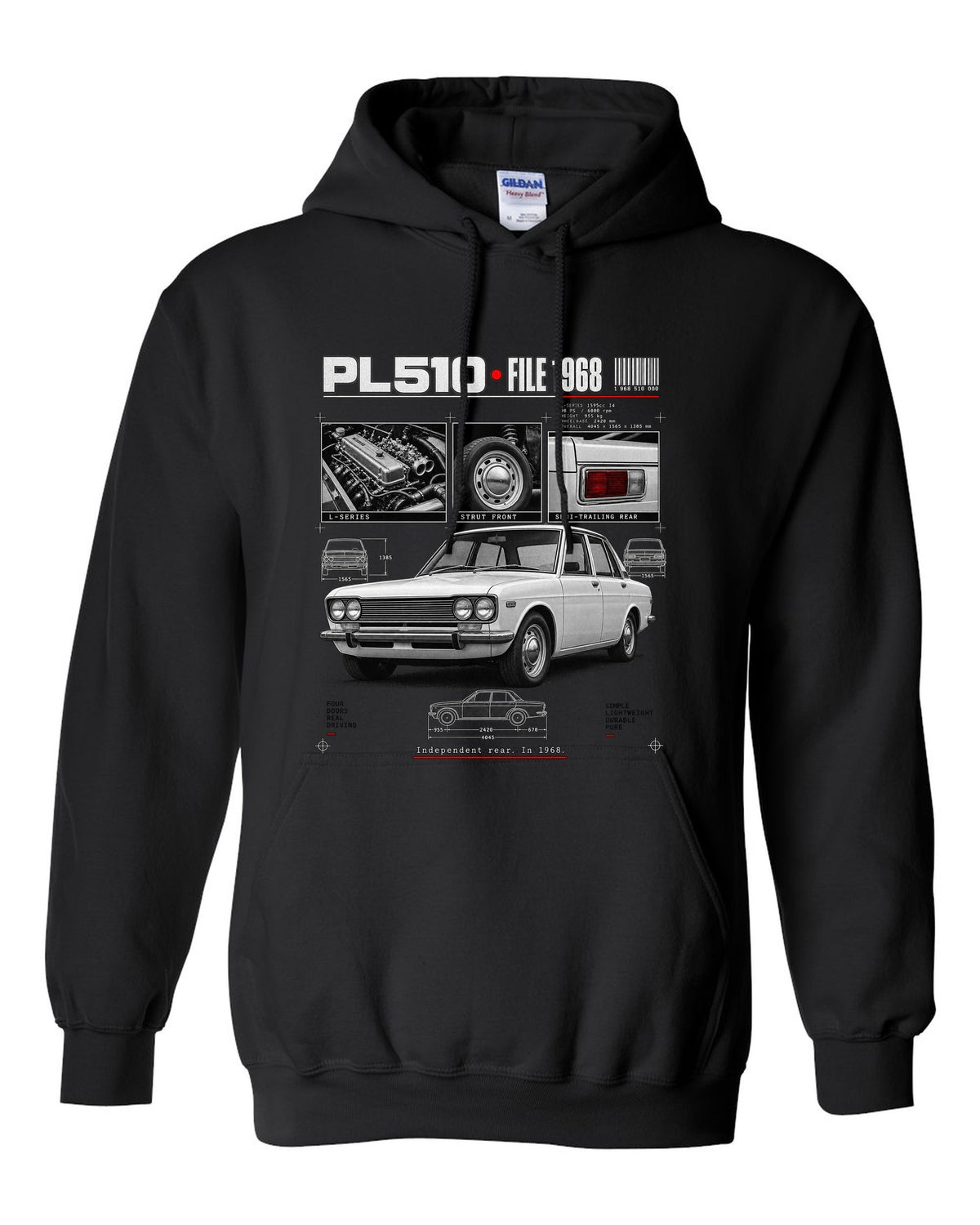 Dossier panel print of a Datsun PL510 sedan and wagon with suspension notes black pull over hoodie front view with the design