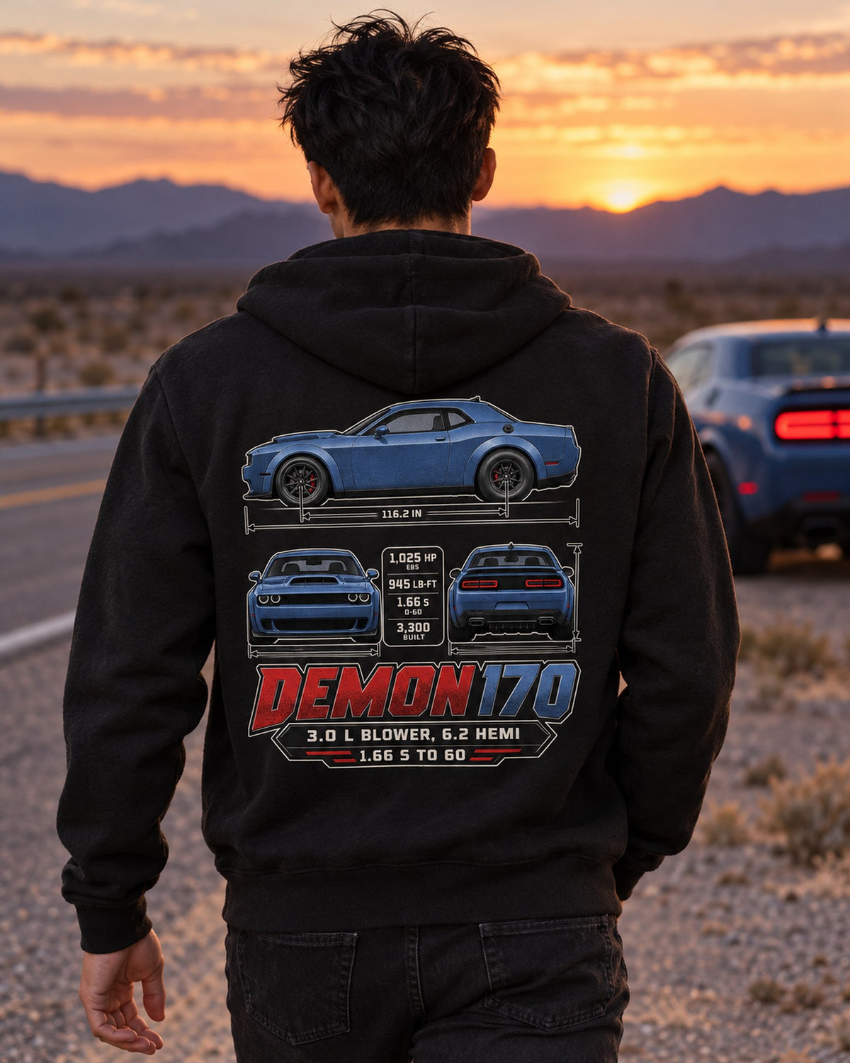 Dodge Challenger SRT Demon 170 Dimension Blueprint Shirt Zip Hoodie Black worn hero