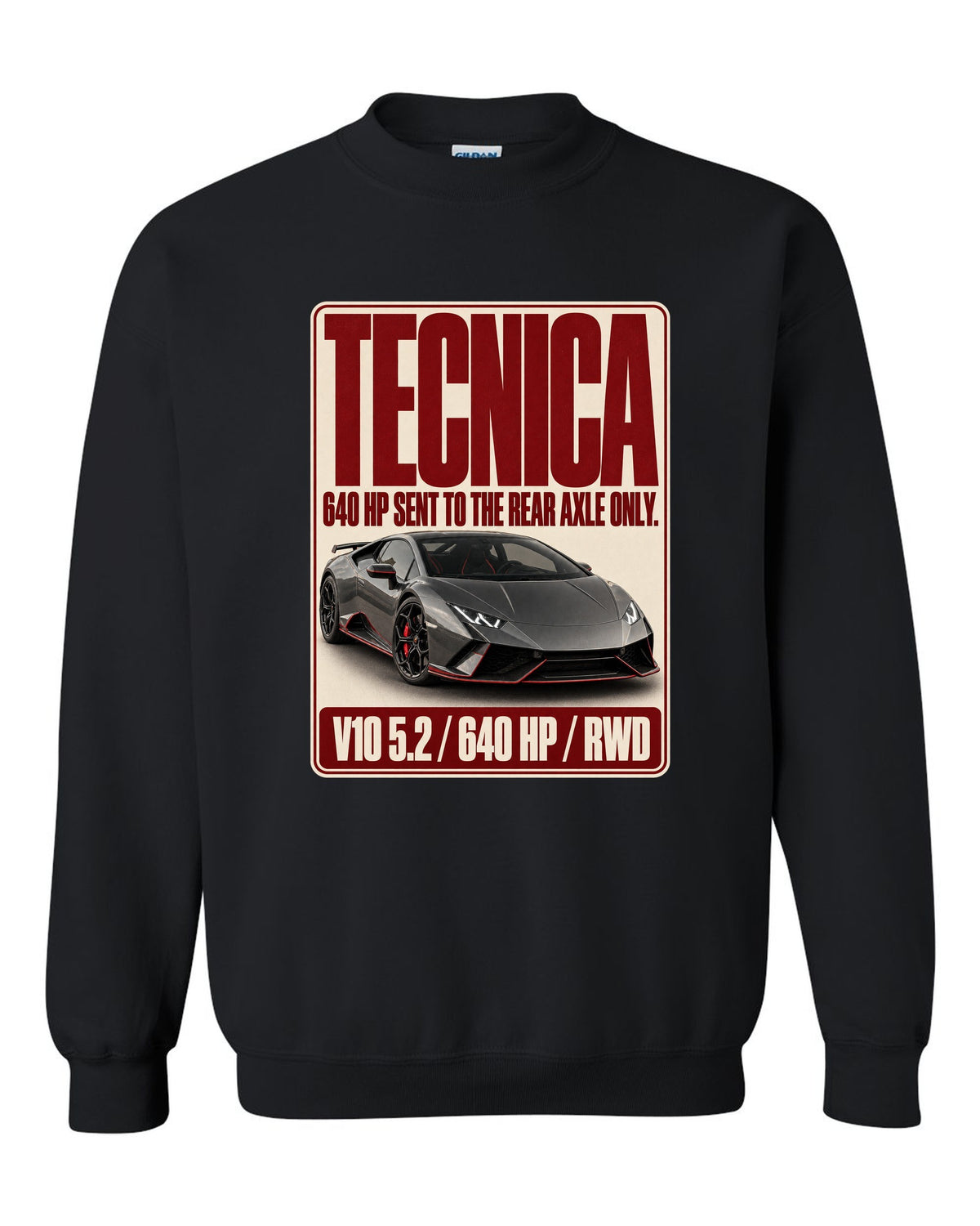 Editorial headline print of the Lamborghini Huracan Tecnica black crewneck front view with the design