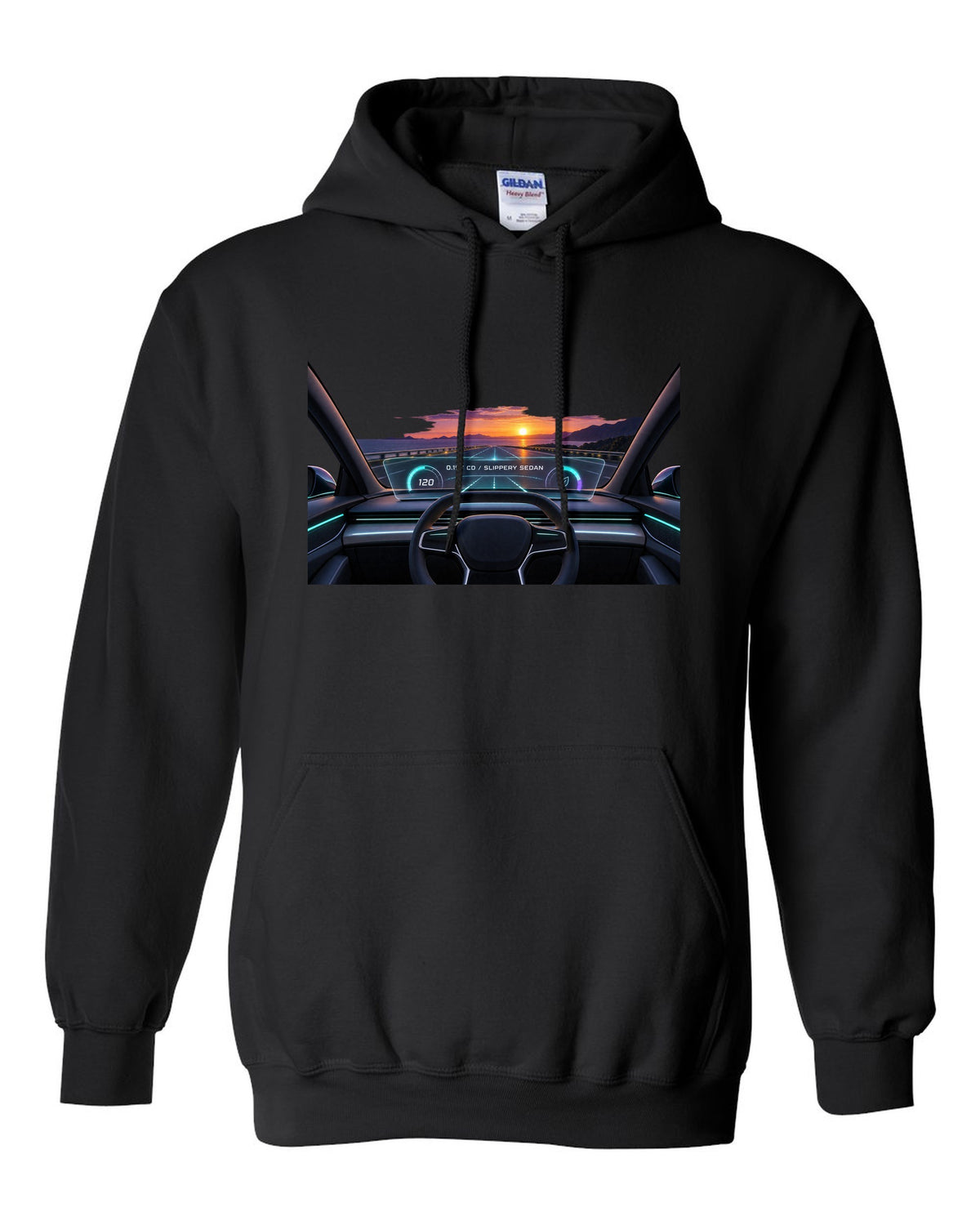 Lucid Air Sapphire gauge cluster HUD print with the text 0.197 Cd slippery sedan black pull over hoodie front view with the design