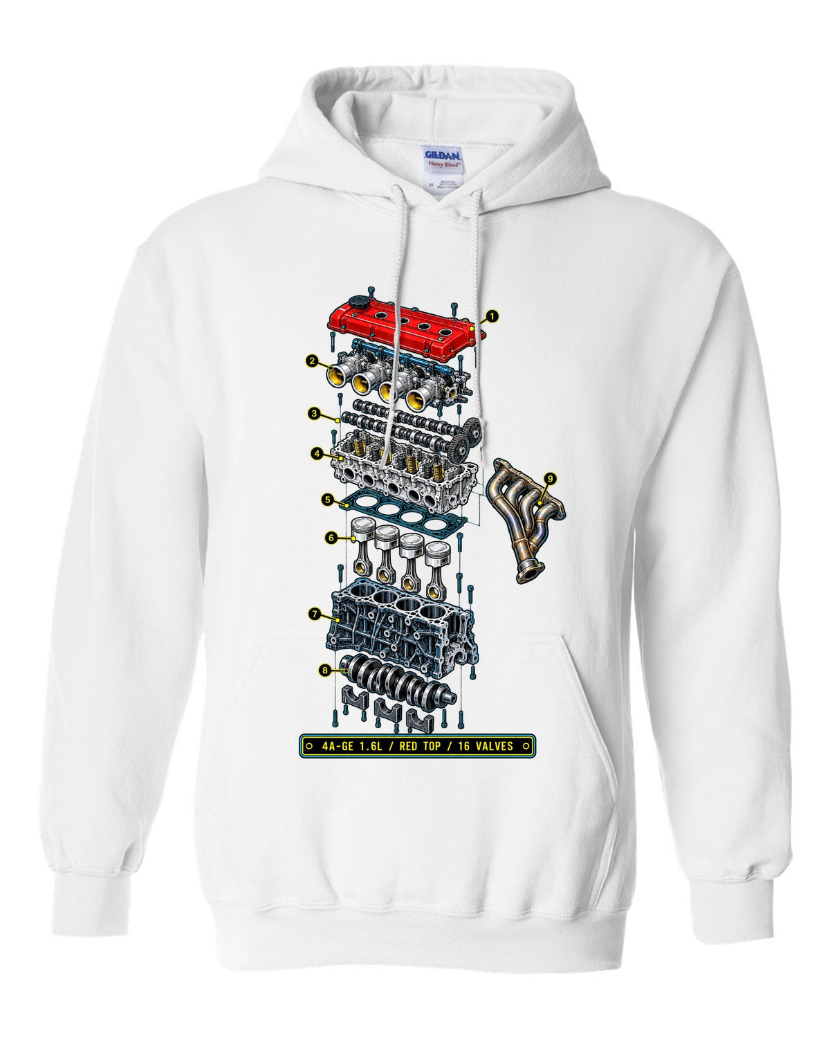 Blueprint exploded diagram of the Toyota AE86 Corolla Levin 4A-GE 1.6L engine white pull over hoodie front view with the design