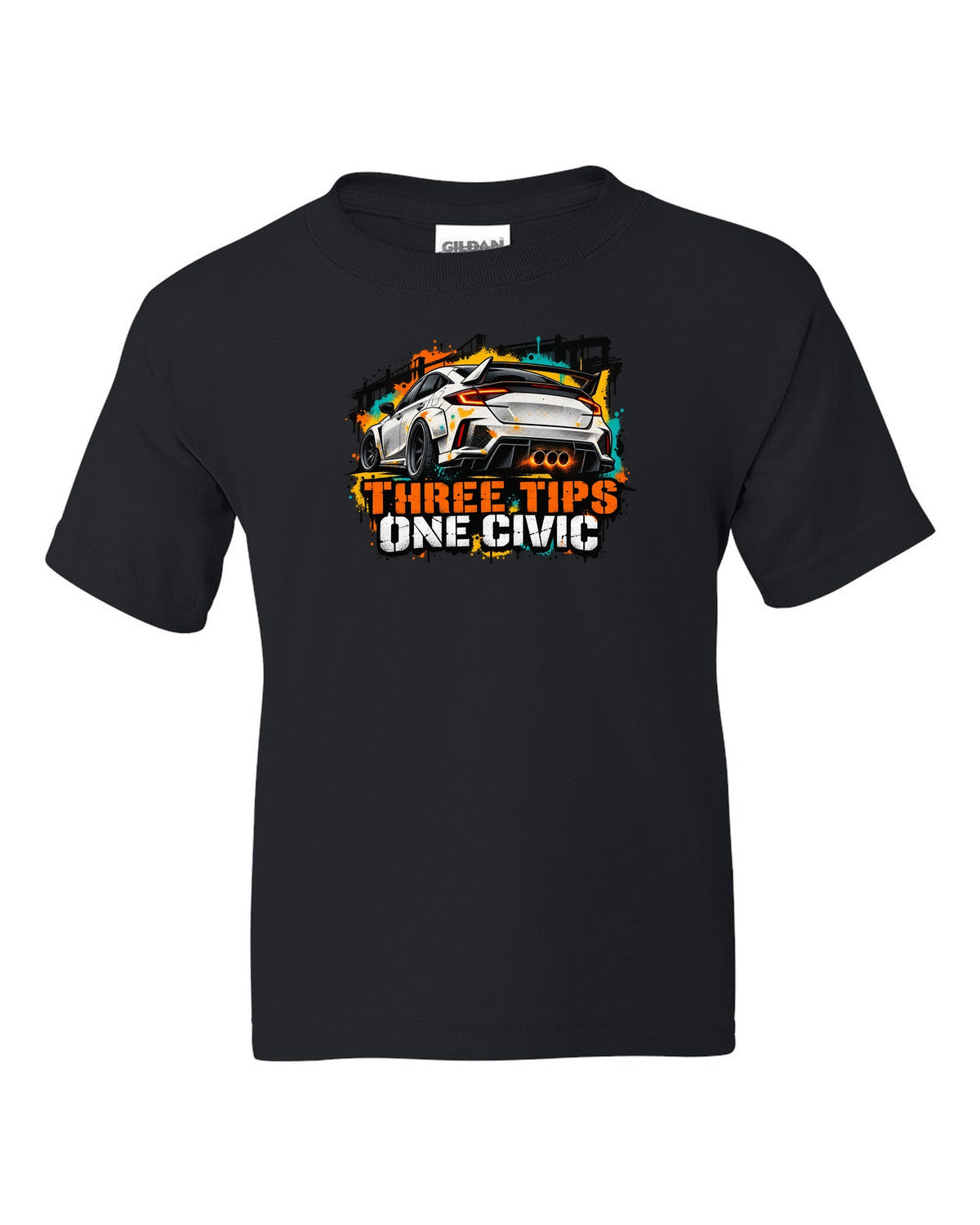 Stencil spray street art print of a 2023 Honda Civic FL5 ch with three tips one Civic text black kids tee front view with the design