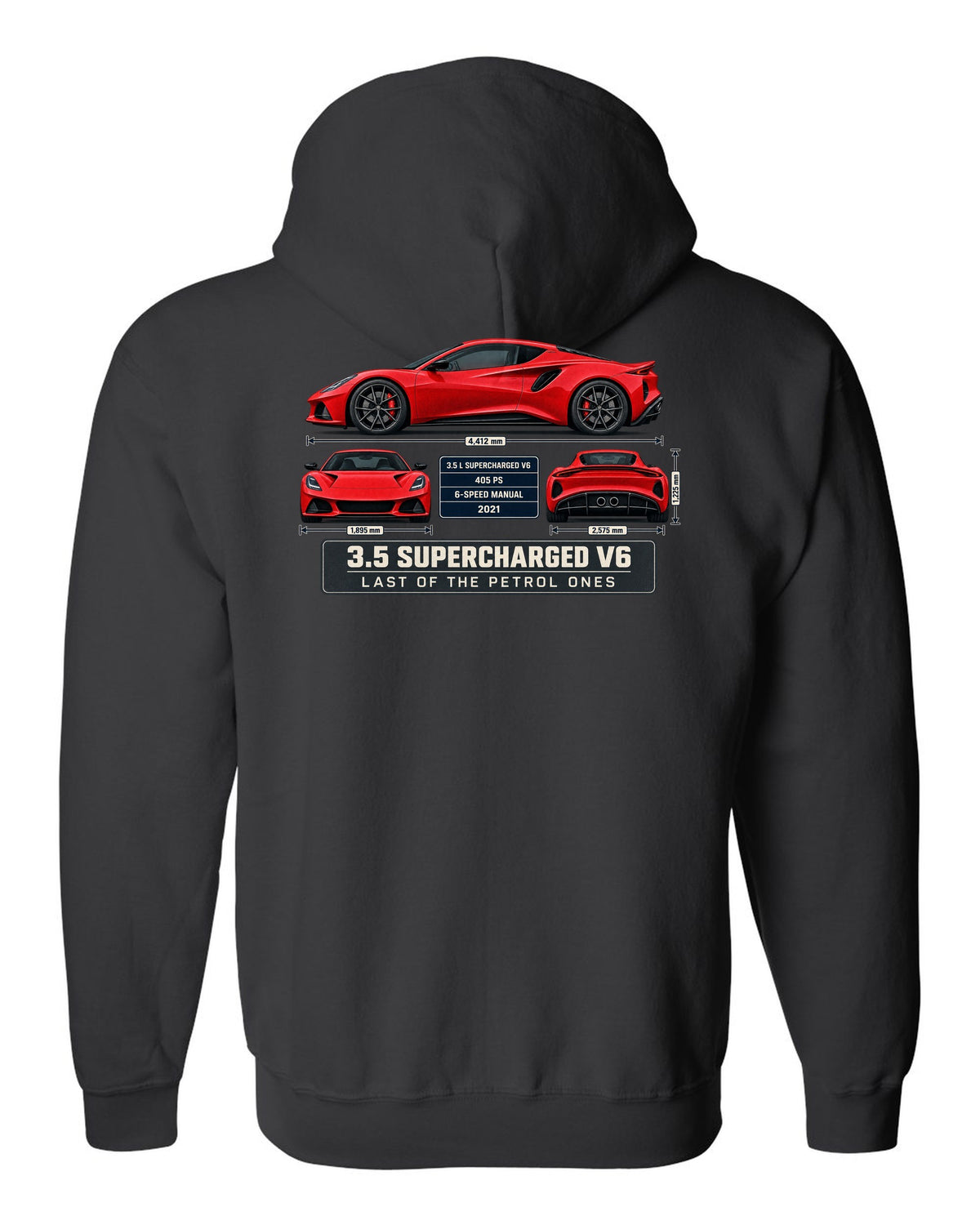 Lotus Emira V6 First Edition Spec Poster Tee, 3.5 Supercharg black zip hoodie back view with the design