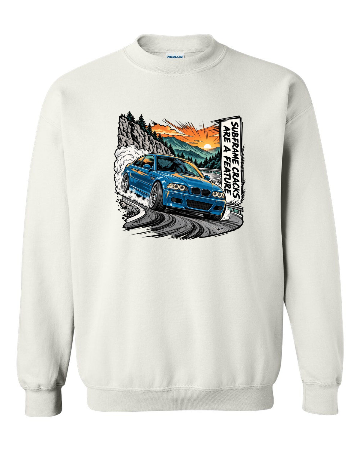 Retro manga halftone panel illustration of a BMW E46 M3 coupe on a mountain pass white crewneck front view with the design