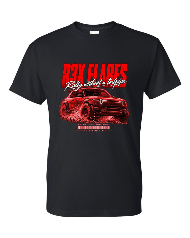 Rally street poster print of a 2027 Rivian R3X with flared arches black t-shirt front view with the design