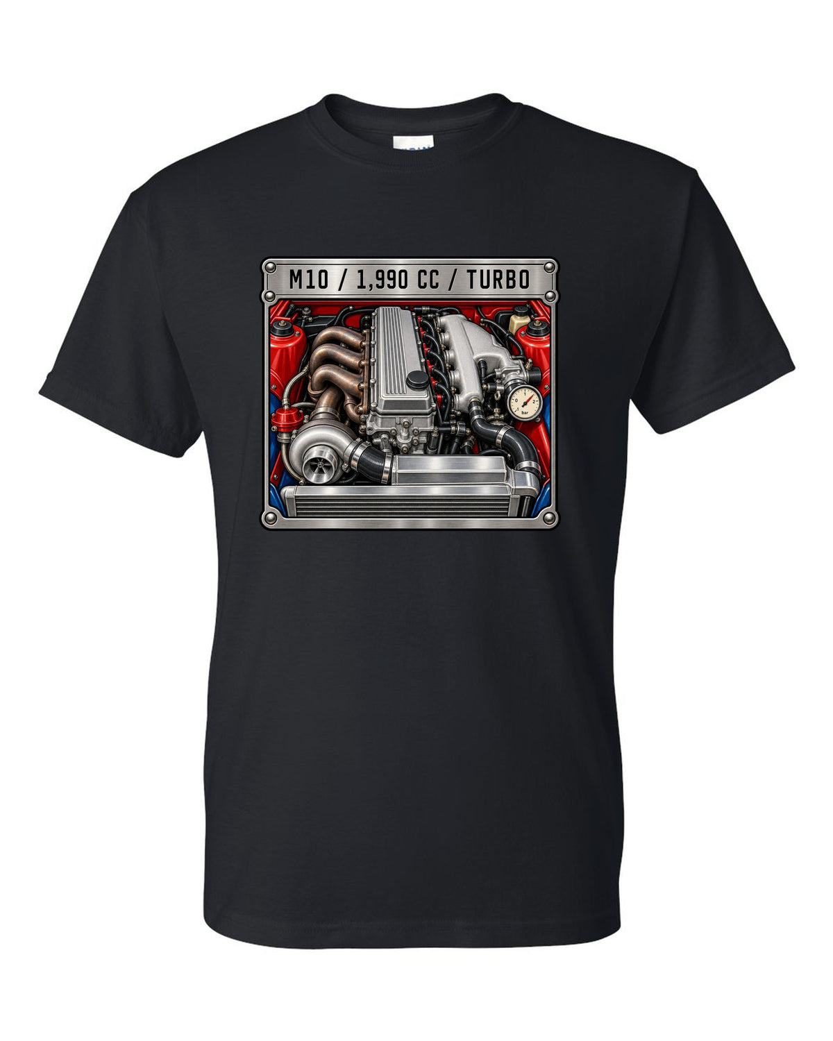 BMW 2002 turbo M10 engine spec data plate print with 1,990 cc text black t-shirt front view with the design