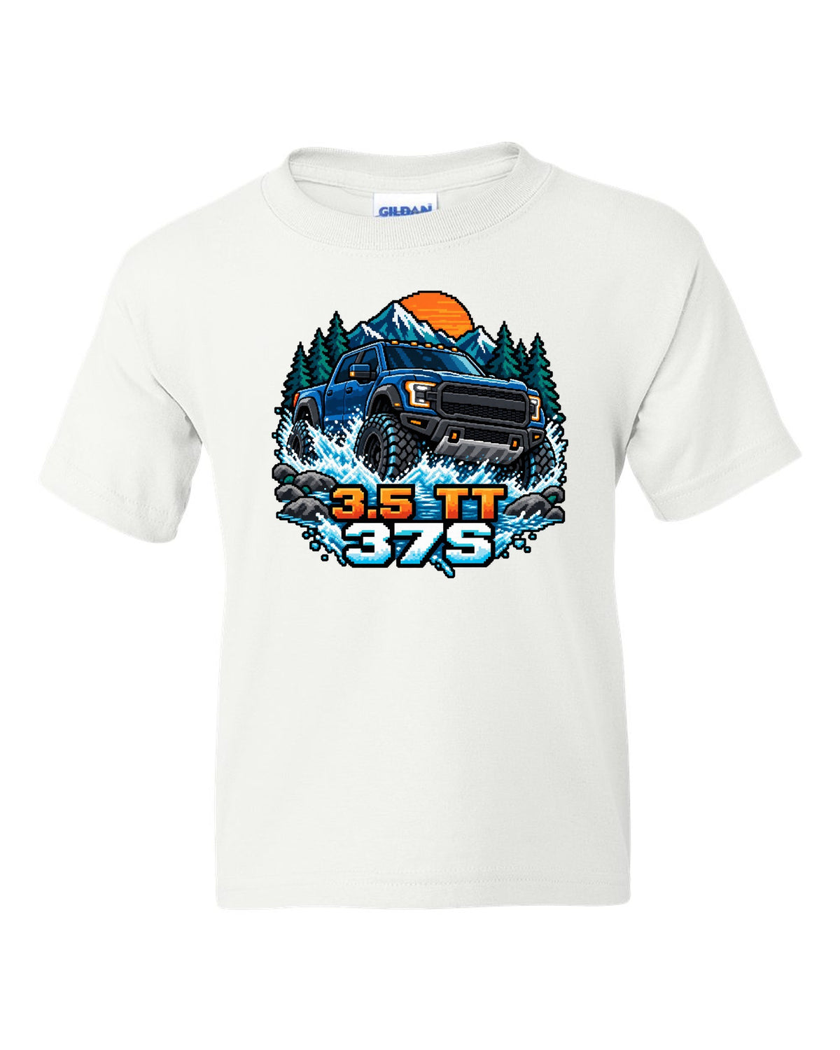 8/16-bit pixel art print of a Ford F-150 Raptor Gen 3 P702 crossing a river white kids tee front view with the design