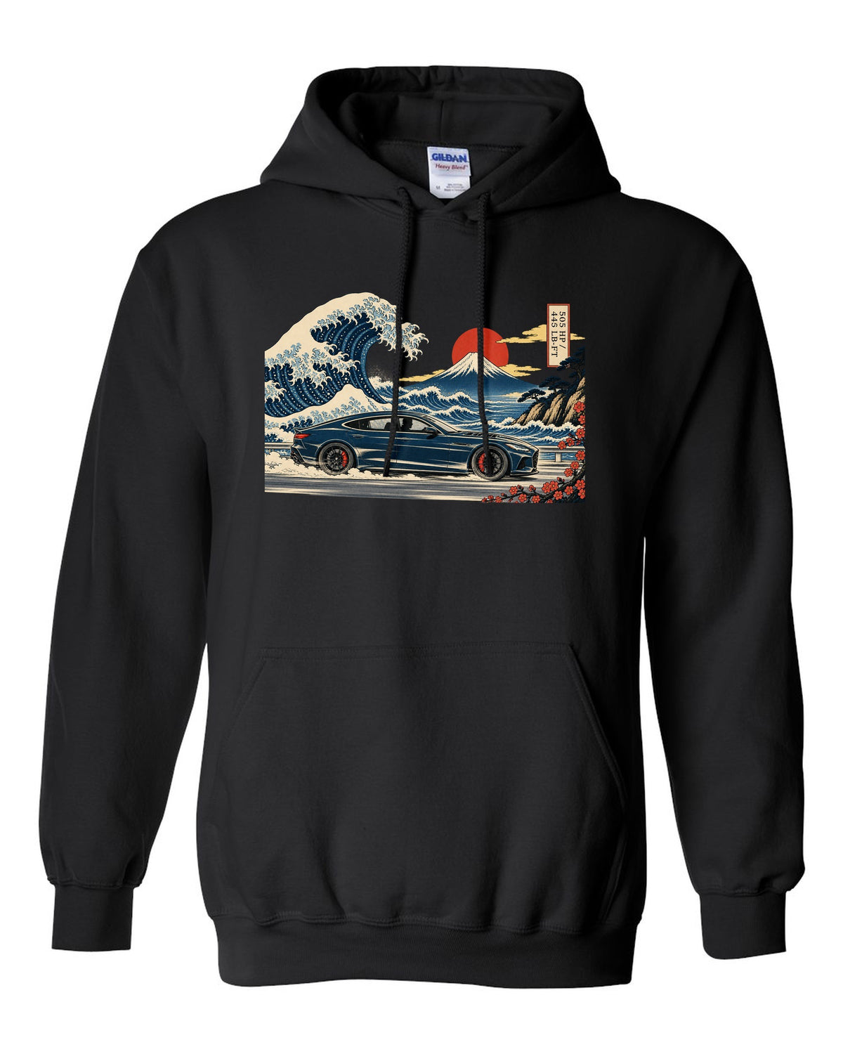Ukiyo-e woodblock wave illustration of an Alfa Romeo Giulia Quadrifoglio with 505 HP and 443 lb-ft black pull over hoodie front view with the design