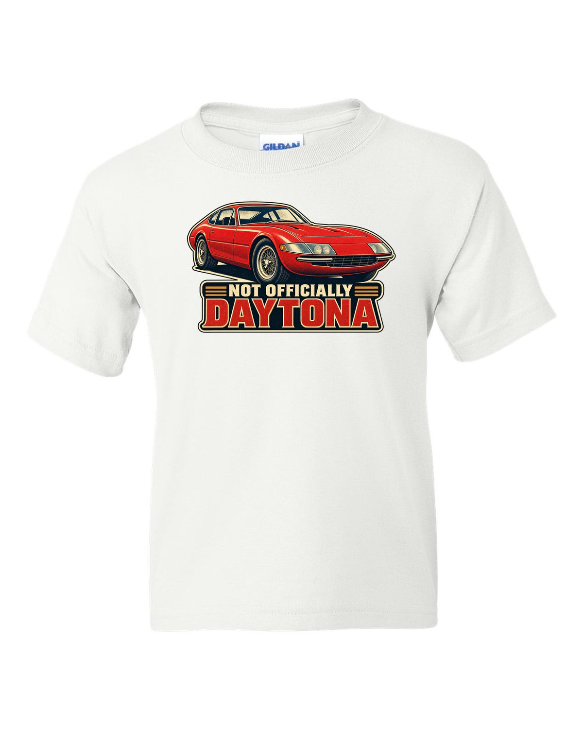 1960s race poster lithograph of the Ferrari 365 GTB/4 Daytona nose white kids tee front view with the design