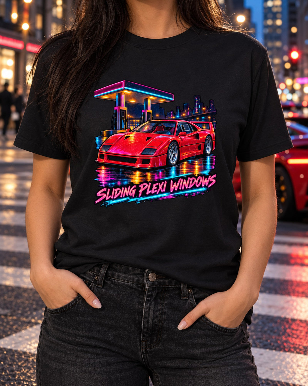 Ferrari F40 Sliding Plexi Windows Neon Night Shirt, F120 T-Shirt Black worn hero