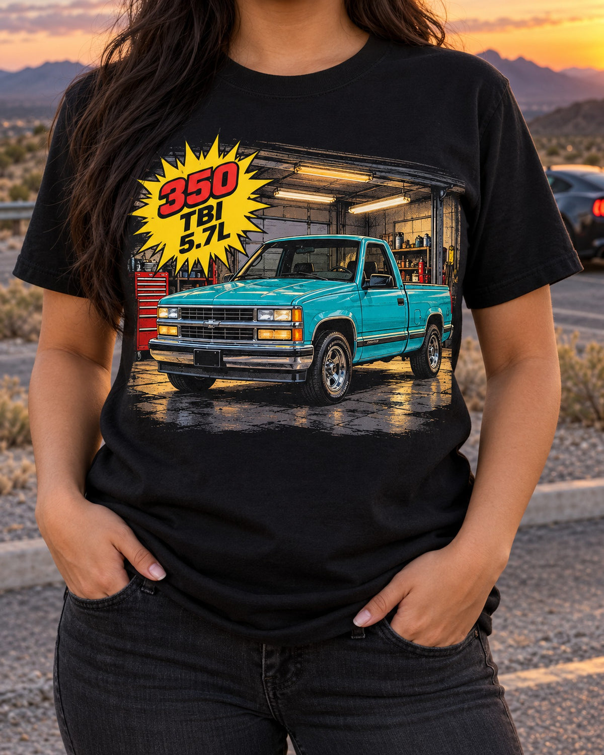 OBS Chevy Silverado Pop-Art Tee, 350 TBI 5.7L GMT400 T-Shirt Black worn hero