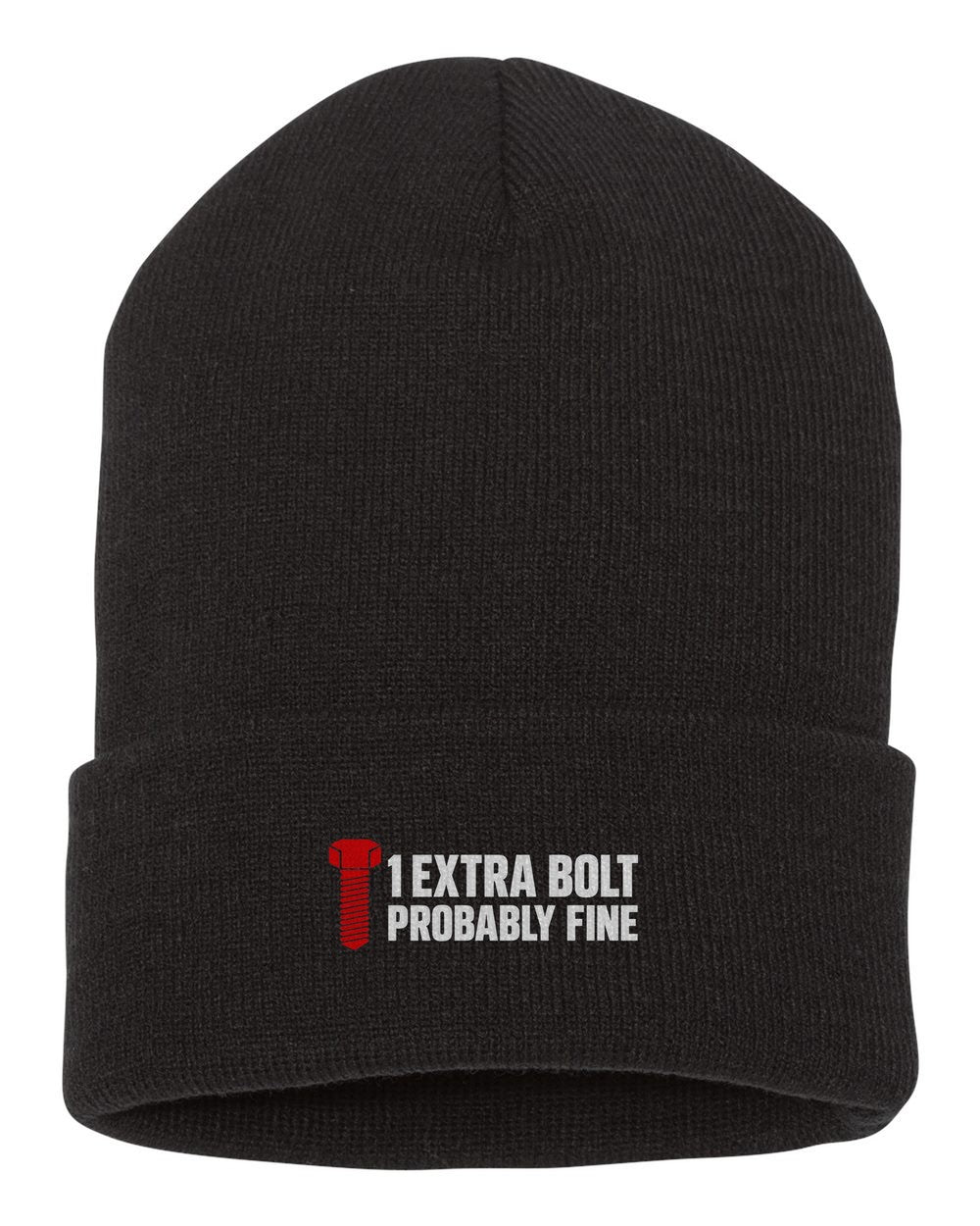 Funny Extra Bolt Shirt For Mechanics And Car Guys black beanie front view with car name