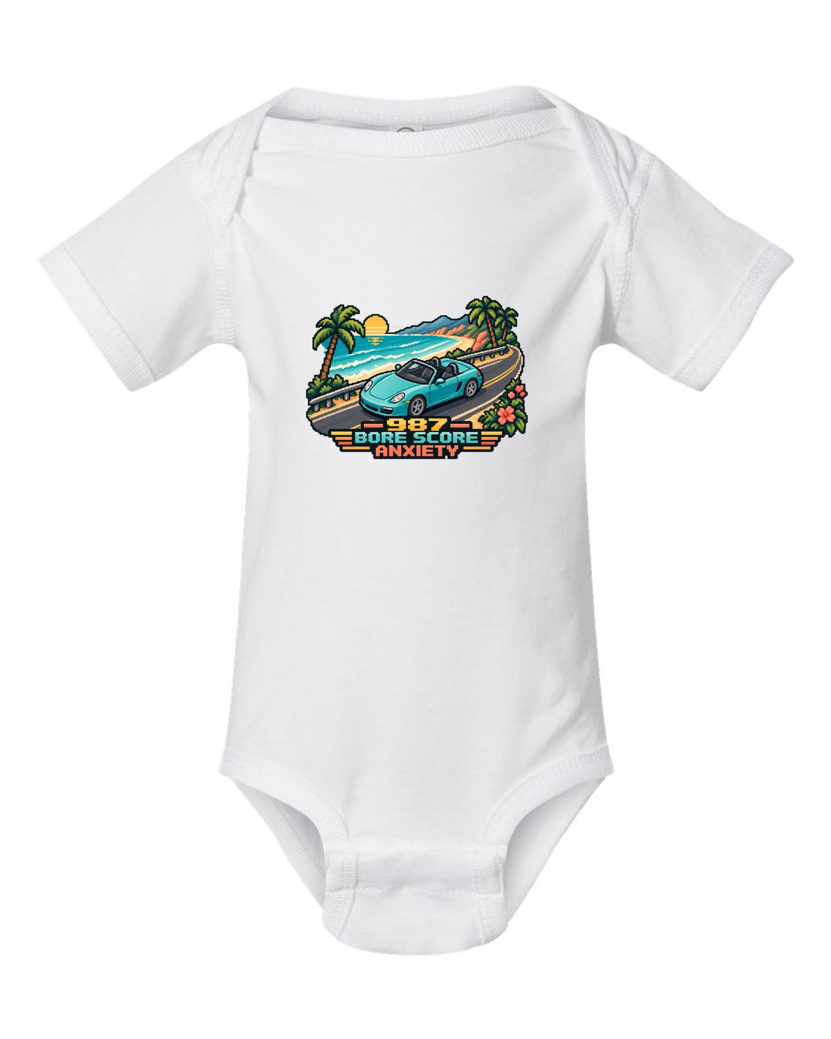 Porsche Boxster 987 isometric pixel art roadster with bore score anxiety text white baby onesie front view with the design