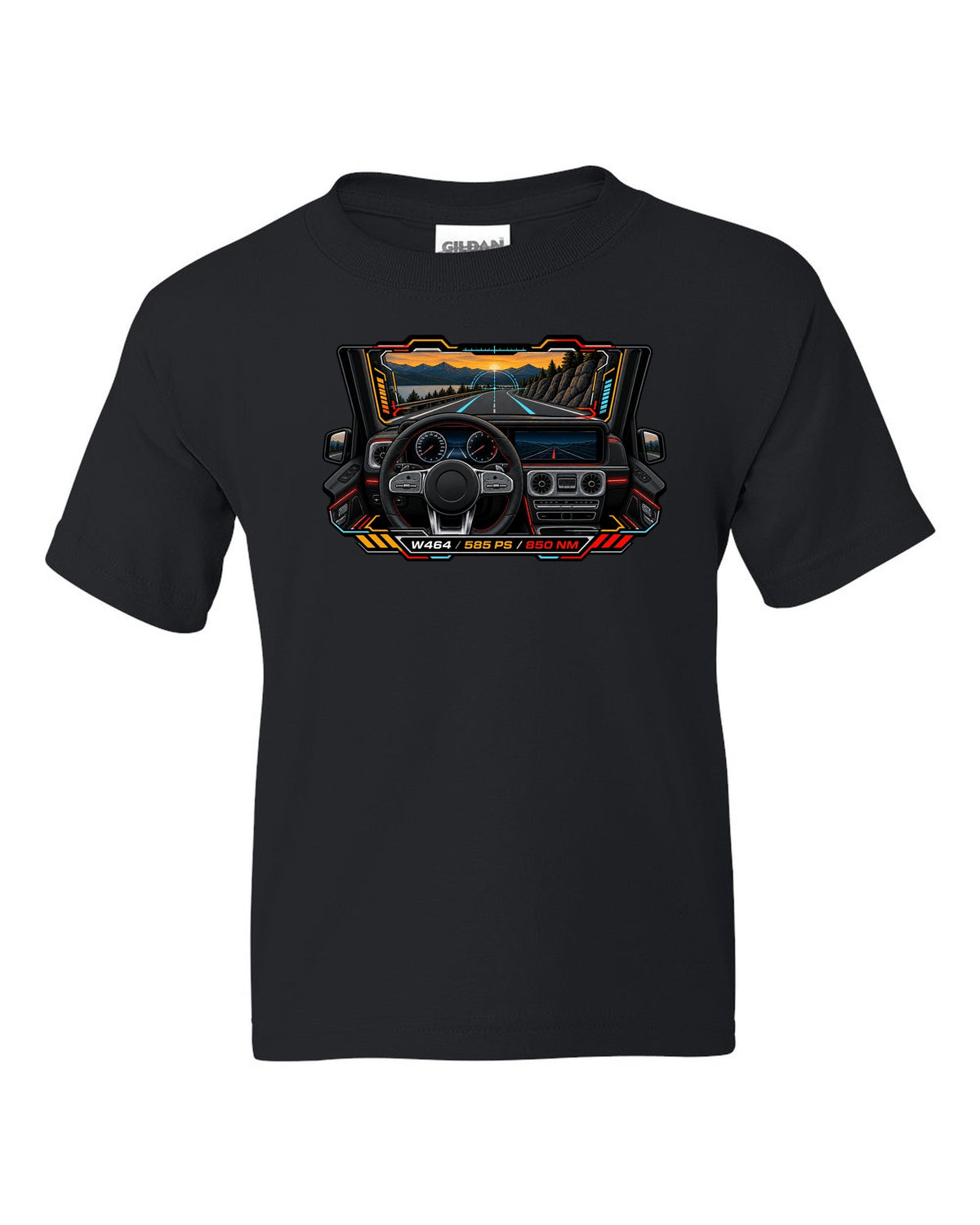 Gauge-cluster HUD graphic reading W464 585 PS 850 NM for the Mercedes G63, print black kids tee front view with the design