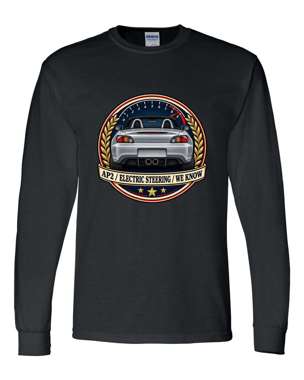 Crest layout print for the Honda S2000 AP2 with electric steering joke text black long sleeve front view with the design