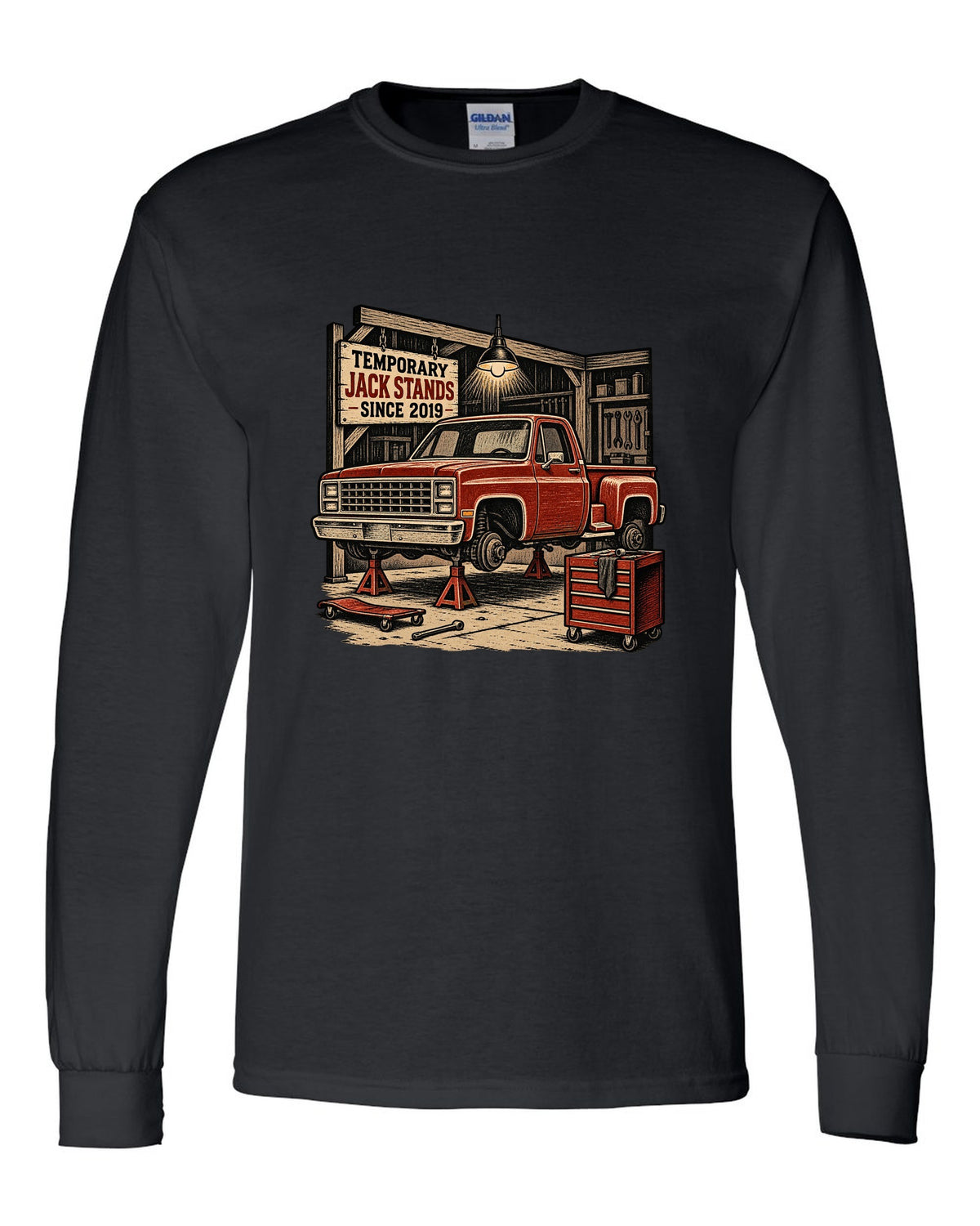 Linocut woodcut style print of a 1973-87 Chevrolet C10 Squarebody Stepside in a workshop with jack stands lettering black long sleeve front view with the design